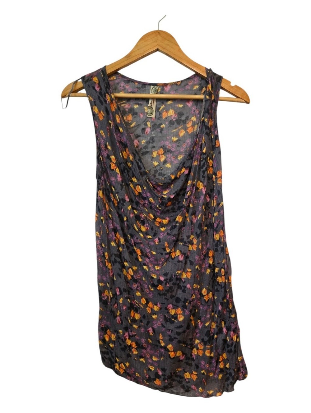 Free People Draped Floral Sleeveless Top Gray with Orange & Purple Flowers Small